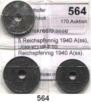 Besetzte Gebiete  -  Kolonien  -  Danzig,Reichskreditkasse  5 Reichspfennig 1940 A(ss), D(ss-vz) und 10 Reichspfennig 1940 A(ss).  Jaeger 618 und 619.  LOT. 3 Stück.
