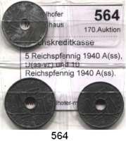 Besetzte Gebiete - Kolonien - Danzig,Reichskreditkasse 5 Reichspfennig 1940 A(ss), D(ss-vz) und 10 Reichspfennig 1940 A(ss). Jaeger 618 und 619. LOT. 3 Stück.