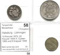 Österreich - Ungarn,Habsburg - Lothringen Franz Josef I. 1848 - 1916 10 Kreuzer 1872; 20 Kreuzer 1854 A; Gulden 1889 und 6 Krajczár 1849 NB.  LOT. 4 Stück.