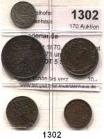 AUSLÄNDISCHE MÜNZEN,Niederlande LOTS     LOTS     LOTS 1/2 Cent 1870, 1885; 1 Cent 1870, 1878 und 5 Cents 1862.  LOT. 5 Stück.