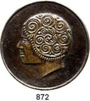 M E D A I L L E N,Varia  Einseitige Bronzegussmedaille o.J.  Frauenkopf nach links.  49,4 mm.  17,89 g.    Randpunze : C. Poellath Schrobenhausen.
