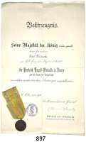 Orden, Ehrenzeichen, Militaria, Zeitgeschichte,Deutschland Sachsen Friedrich-August-Medaille in Bronze.  Mit dem Originalband für Kriegsdienste.  Dazu die Urkunde für einen Grenadier im Leib-Grenadier-Regiment-Nr. 100. (verliehen am 25.5.1916).  Mit Originalunterschrift 