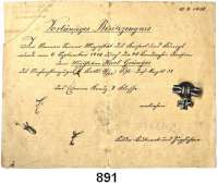 Orden, Ehrenzeichen, Militaria, Zeitgeschichte,Deutschland Preussen Vorläufiges Besitzzeugnis (1918) für das Eiserne Kreuz 2. Klasse. Für ein Musketier eines Nachrichtenzuges im Landsturm-Inft.-Rgt. 38.  Dazu Knopflochbandspange mit dem Eisernen Kreuz 1914.