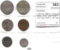 Deutsche Münzen und Medaillen,Westfalen Hieronymus Napoleon 1807 - 1813 1 Pfennig 1808 C; 4 Pfennig 1808 C; 1/24 Taler 1808 F; 1/12 Taler 1809 C; 1/6 Taler 1809 B und 1810.  LOT. 6 Stück.