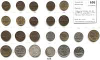 Besetzte Gebiete - Kolonien - Danzig,Danzig 1 Pfennig 1923(2), 26, 29, 30, 37, 37 vergoldet; 2 Pfennig 1923, 26(2), 37; 5 Pfennig 1923, 28, 32(3); 10 Pfennig 1923, 1932(2); 1/2 Gulden 1923, 1932(korrodiert); 1 Gulden 1923 und 1932. LOT. 23 Stück.