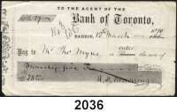 P A P I E R G E L D,Wertpapiere Kanada 4 Schecks (Bank of Hamilton und Bank of Toronto) aus der Zeit zwischen 1870 und 1907.  Dazu ein Blankoscheck New York mit Wertmarke 2 Cents 1898.  LOT. 5 Stück.