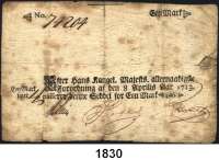 P A P I E R G E L D,AUSLÄNDISCHES  PAPIERGELD Dänemark 1 Mark 8. April 1713.  Nr.74204.  Pick A 14.