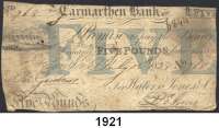 P A P I E R G E L D,AUSLÄNDISCHES  PAPIERGELD Großbritannien Englische Provinzialbanknote.  Wales.  Carmarthen Bank, Waters, Jones & Co.  5 Pfund July 1828.  Nr.768.  Mit Unterschrift Jones.