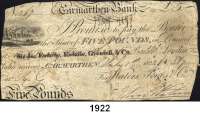 P A P I E R G E L D,AUSLÄNDISCHES  PAPIERGELD Großbritannien Englische Provinzialbanknote.  Wales.  Carmarthen Bank, Waters, Jones & Co.  5 Pfund July 1828.  Nr. 