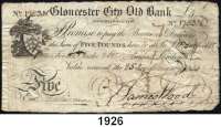 P A P I E R G E L D,AUSLÄNDISCHES  PAPIERGELD Großbritannien Englische Provinzialbanknote.  West-Midlands.  Gloucester City Old Bank.  5 Pfund January 1834.  Nr. 17830.  Mit Unterschrift James Wood.
