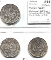 R E I C H S M Ü N Z E N,Weimarer Republik  5 Reichsmark 1927 E(ss, Feilspuren am Rand); 1928 A(ss, kl. Kratzer, kl. Rdf.) und 1931 A(ss, kl. Kratzer, Randkerbe, Feilspur).  Jaeger 331.  Eichbaum.  LOT. 3 Stück.