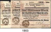 P A P I E R G E L D   -   N O T G E L D,Bayern München Reichspostministerium, Abt. München,  5 und 10(2) Millionen Mark 22.8.1923.  Müller/Geiger/Grabowski 508.1 c(2), 7.  LOT. 3 Scheine.