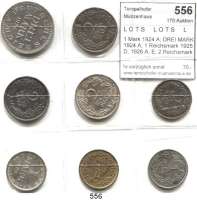 R E I C H S M Ü N Z E N,L O T S     L O T S     L O T S  1 Mark 1924 A; DREI MARK 1924 A; 1 Reichsmark 1925 D, 1926 A, E; 2 Reichsmark 1925 A, G und 1926 A(vz).  Jaeger 311, 312, 319(3) und 320(3).  LOT. 8 Stück.