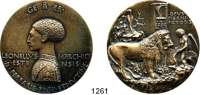 AUSLÄNDISCHE MÜNZEN,Italien Ferrara Moderne Prägung einer Renaissance Medaille o.J.  Auf Markgraf Leonello d'Este von Ferrara.  Brustbild nach links. / Löwe.  98 mm.  359 g.