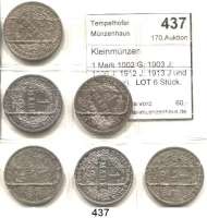 R E I C H S M Ü N Z E N,Kleinmünzen  1 Mark 1902 G; 1903 J; 1906 J; 1912 J; 1913 J und 1916 F(vz).  LOT. 6 Stück.