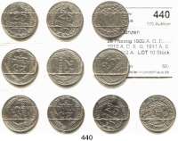 R E I C H S M Ü N Z E N,Kleinmünzen  25 Pfennig 1909 A, D, F; 1910 A, D, E, G; 1911 A, E und 1912 A.  LOT. 10 Stück.