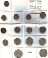 AUSLÄNDISCHE MÜNZEN,Lettland  1 Santims 1922, 35, 37, 39; 2 Santimi 1922, 26, 28, 39; 5 Santimi 1922; 10 Santimu 1922; 20 Santimu 1922; 50 Santimu 1922; 1 Lats 1924; 2 Lati 1925 und 1926.  LOT. 15 Stück.