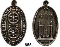 M E D A I L L E N,Weltkrieg  Versilberte ovale Medaille mit angeprägter Öse 1916.  Zur Linderung der Kriegsnot - Mainz 1916.  48 x 28 mm.  13,54 g.
