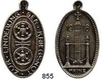 M E D A I L L E N,Weltkrieg Versilberte ovale Medaille mit angeprägter Öse 1916. Zur Linderung der Kriegsnot - Mainz 1916. 48 x 28 mm. 13,54 g.
