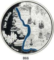 M E D A I L L E N,Bundesrepublik Deutschland Silbermedaille o.J. (999, 3 Unzen, Veredelung mit blauer Emaille). DER RHEIN. 65 mm. 93,56 g. Im Originaletui mit Zertifikat.
