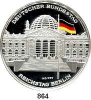 M E D A I L L E N,Bundesrepublik Deutschland Silbermedaille o.J. (Sterlingsilber mit Farbdruck). Deutscher Bundestag - Reichstag Berlin. 65 mm. 155,1 g. Im Originaletui mit Zertifikat.