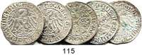 Deutsche Münzen und Medaillen,Brandenburg in Franken Friedrich I., allein 1485 - 1515 Schilling o.J.(4) und 1515.  Schulten 194.  LOT. 5 Stück.