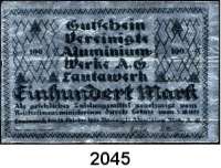 P A P I E R G E L D   -   N O T G E L D,Notgeld der besonderen Art Lautawerker Aluminiumgeld 20, 50, 100 und 500 Mark 10.10.1922.  Grabowski 500, 501, 502, 503.  LOT. 4 Scheine.