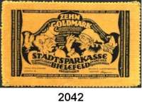 P A P I E R G E L D   -   N O T G E L D,Notgeld der besonderen Art Bielefelder Stoffgeld 1 Goldmark 1.2.1923 (gebraucht).  4,20 Goldmark=1 Dollar 25.11.1923 in Samt rot und gelb. 10 Goldmark 15.12.1923.  Samt, gelb. Grabowski 100 b, 104, 105, 112 b.  LOT. 4 Scheine.