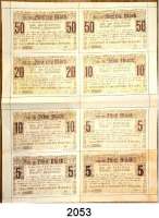 P A P I E R G E L D   -   N O T G E L D,Baden Neustadt im Schwarzwald. Holzzellstoff und Papierfabriken A.G.  5(3), 10(2), 20, 50(2) Mark 15.11.1918.  Kompletter Druckbogen mit Blanketten, diese durch Perforationslinien voneinander getrennt.  Geiger 380.01-05.  Beigegeben ein 5 Markschein, entwertet.  LOT. 9 Scheine.