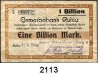 P A P I E R G E L D   -   N O T G E L D,Thüringen Ruhla Gewerbebank Ruhla.  Kundenschecks.  Sebastian Bohne, 1 Billion Mark 22.11.1923.  Braun & Liebetrau,  20 und 50 Millionen Mark 12.10.1923.  5 Milliarden Mark 26.10.1923.  100 Milliarden Mark 13.11.1923 und 16.11.1923.  Frank & Liebergeld,  50 Millionen Mark 13.10.1923.  A. Schellenberg, Thal,  20 Millionen Mark  20.10.1923.  Keller 4671 C, 4671 E, 4671 K,  4671 T.  Beigegeben 50 Pfennig 1.5.1920(-31.12.1921).  LOT. 9 Scheine.
