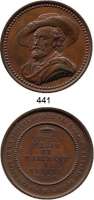 M E D A I L L E N,Personen Rubens, Peter Paul Bronzemedaille 1840 (Laurent Joseph Hart).  Zum 200. Todestag.  Auf die Denkmalerrichtung in Antwerpen mit Hilfe der Kgl. Ges. der Wissenschaften, Schriften und Künste.  45 mm.  43,36 g.  In Pappschachtel.