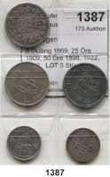AUSLÄNDISCHE MÜNZEN,Norwegen L O T S       L O T S       L O T S 3 Skilling 1869; 25 Öre 1909; 50 Öre 1898, 1922, 1942.  LOT. 5 Stück.