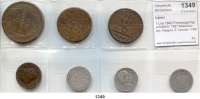 AUSLÄNDISCHE MÜNZEN,Italien LOTS    LOTS    LOTS 1 Lira 1860 Firenze(gering erhalten); 1887 M(schön-ss); Neapel, 6 Tornesi 1798(schön), 1801(SF, schön-ss); Vatikan, 1 Soldo 1867/XXI R(schön-ss); 5 Baiocchi 1851/V B(Rdf, ss) und 20 Baiocchi 1865/XX R(schön-ss).  LOT. 7 Stück.