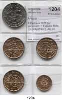 AUSLÄNDISCHE MÜNZEN,Angola  1 Centavo 1921 (vz, zaponiert); 1 Escudo 1974 (3x prägefrisch) und 20 Escudos 1971 (vz-prfr).  LOT. 5 Stück.