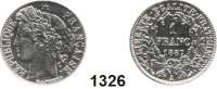 AUSLÄNDISCHE MÜNZEN,Frankreich 3. Republik 1870 - 1940 1 Franc 1887 A (prfr) und 1888 A (Prägefehler, ss-vz).  Kahnt 124.  KM 822.1.  LOT. 2 Stück.