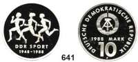 Deutsche Demokratische Republik,  10 Mark 1988.   40 Jahre Sportbund der DDR.  Materialprobe in Silber.  Im Originaletui mit Zertifikat.