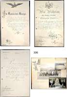 Orden, Ehrenzeichen, Militaria, Zeitgeschichte,Deutschland Preussen Papiernachlaß von Max Freyschmidt.  Patent vom 29. Juni 1906 zum Gerichtsassessor.  Patent vom 21. April 1911 (Achilleion, Corfu) als Oberleutnant der Reserve der Kavallerie (vormals im Dragoner Regiment König Carl I. von Rumänien, 1. Hannoversche No. 9).  Bestallungsurkunde vom 14. Mai 1914 zum Amtsrichter in Opladen mit Originalunterschrift Kaiser Wilhelm II. sowie Begleitschreiben mit Jahresgehaltsnennung (3000,- Mark).  Dazu 31 Fotos (bis 1961) bzw. Ansichtskarten und vier großformatige Fotos auf Pappe.
