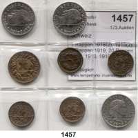 AUSLÄNDISCHE MÜNZEN,Schweiz LOTS    LOTS    LOTS 1 Rappen 1918(2), 1919(2); 2 Rappen 1919; 20 Rappen 1909, 1913, 1919.  LOT. 8 Stück.
