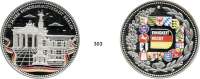 M E D A I L L E N,Bundesrepublik Deutschland  Feinsilbermedaille 2006 (Staatliche Münze Berlin, 5 Unzen, teilweise Farbdruck).  15. Jahrestag Bundeshauptstadt Berlin.  Brandenburger Tor, Siegessäule und Kanzleramt. /  Landeswappen der Bundesländer.  65 mm.  157,4 g.  Im Etui