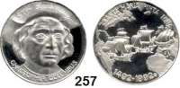 M E D A I L L E N,Schiffsmotive / Schiffsfahrt  Silbermedaille 1992 (National Italian American Foundation).  500 Jahrfeier der Entdeckung der Neuen Welt.  Kopf von Christopher. /  Flotte des Columbus.  27 mm.  15,55 g (1/2 Unze).  Im Originaletui.