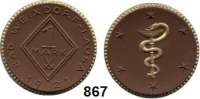 P O R Z E L L A N M Ü N Z E N,S T Ä D T E M Ü N Z E N Weixdorf-Lausa 1 Mark 1921 braun, Rand und Äsculapstab mit Schlange und Schale gold.   Menzel 26467.14.