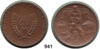P O R Z E L L A N M Ü N Z E N,SPENDENMÜNZEN VON VERBÄNDEN UND VEREINEN Ostsachsen 20 Mark 1921 braun, Rand grün.  Reichsheimstättenbund.