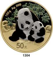 AUSLÄNDISCHE MÜNZEN,China Volksrepublik seit 1949 50 Yuan 2024 (Silber, 150 g).  Panda mit Jungtier (farbig und vergoldet).  Im Originaletui mit Zertifikat.