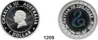 AUSLÄNDISCHE MÜNZEN,Australien Charles III. 2022 - 1 Dollar 2025 (Silberunze).  Lunar Jahr der Schlange (Opal).  Im Originaletui mit Zertifikat.
