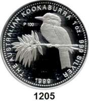 AUSLÄNDISCHE MÜNZEN,Australien Elisabeth II. 1952 - 2022 1 Dollar 1999 (Silberunze).  Kookaburra auf einem Ast - Münzbeizeichen 