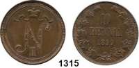 AUSLÄNDISCHE MÜNZEN,Finnland Nikolaus II. von Rußland 1894 - 1917 10 Penniä 1899.  Kahnt 22.  KM 12.