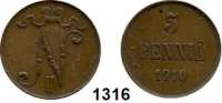 AUSLÄNDISCHE MÜNZEN,Finnland Nikolaus II. von Rußland 1894 - 1917 5 Penniä 1910.  Schön 8.  KM 15.
