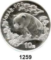 AUSLÄNDISCHE MÜNZEN,China Volksrepublik seit 1949 10 Yuan 1997 (Silberunze).  Panda nach links im Wald.  Jahreszahl ohne Serifen.  Schön 1001.  KM 986.  In Kapsel verschweißt.