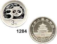AUSLÄNDISCHE MÜNZEN,China Volksrepublik seit 1949 3 Yuan 2012.  30 Jahre Pandamünzen.  Schön 1899.  Y 2058.  Im Originaletui mit Zertifikat.