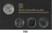 Deutsche Demokratische Republik,Thematische Sätze  Martin-Luther-Ehrung der DDR.  20 Mark 1983  Martin Luther; 5 Mark 1982  Wartburg, 5 Mark 1983 Luthers Geburtshaus in Eisleben und 1983 Schloßkirche zu Wittenberg.  Im Münzrahmen (schwarz) mit Aufschrift 